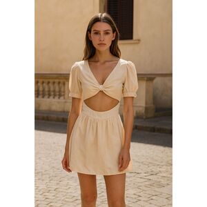 MAJORELLE Cream Knot Front Cutout Mini Dress